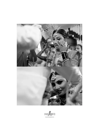 A black and white collage of emotional and symbolic moments from the wedding ceremony.