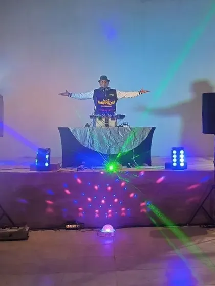 My stage setup for the Tamil wedding, featuring lights, speakers, and smoke effects.
