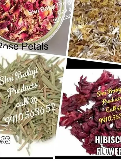 I provide a complete range of raw materials for making your own bath bombs and bath salts. This image shows some of the key ingredients like dried rose petals, lemongrass, and hibiscus flowers.