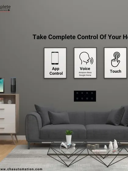 We offer multiple ways to interact with your home. This graphic illustrates the three primary control methods we implement: a dedicated mobile app, voice commands via Alexa or Google Home, and sleek touch-sensitive wall panels.