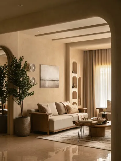 Biophilic design is central to my work, as seen with this towering fiddle leaf fig. I also carved custom niches into the plaster wall, turning functional storage into sculptural moments that interact with natural light.