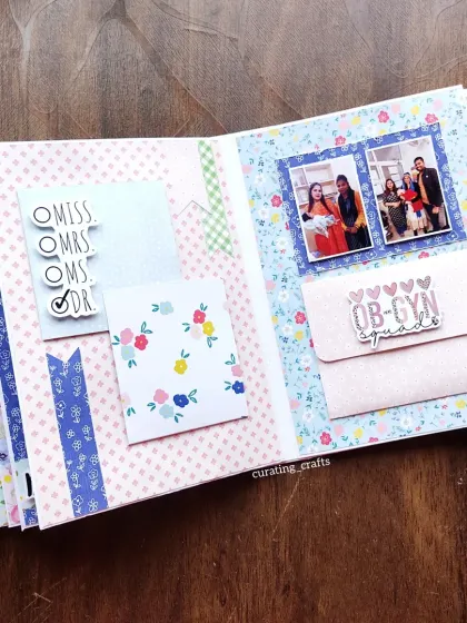 An inside page of the doctor-themed scrapbook, with an "OB-GYN Squad" pocket for photos of the medical team.