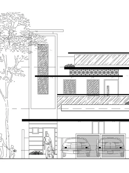 A 2D elevation schematic that includes human figures to provide a clear sense of scale. This type of drawing helps clients and builders understand the true size and proportions of the proposed building and its spaces.