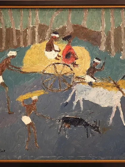 'A Village Scene' by P. Perumal, a master of joyful simplicity. His elongated figures and vibrant palettes bring a childlike wonder to every canvas, leaving an impact of happiness and nostalgia.