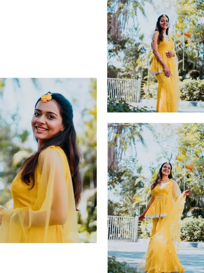 The bride-to-be looking radiant in a bright yellow outfit for her Mehndi or Haldi function, captured in a beautiful outdoor setting.