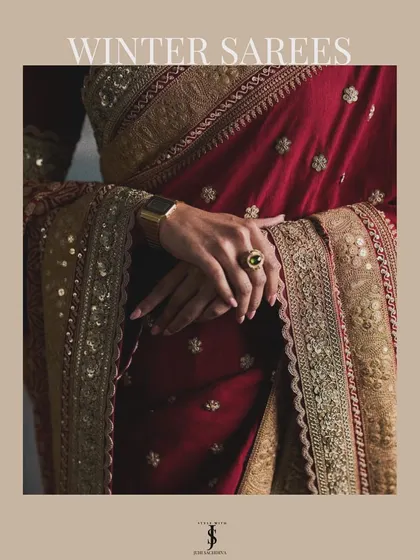 There's something special about winter weddings and stunning winter sarees. This is the cover of my guide to the best saree fabrics for the colder months.