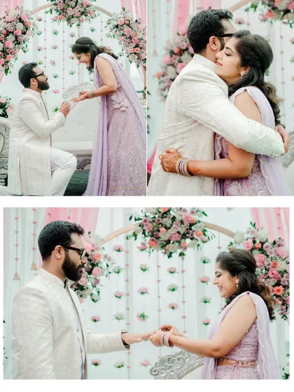 A collage of the emotional proposal moment during an engagement ceremony, capturing the "yes" and the happy hug that followed.