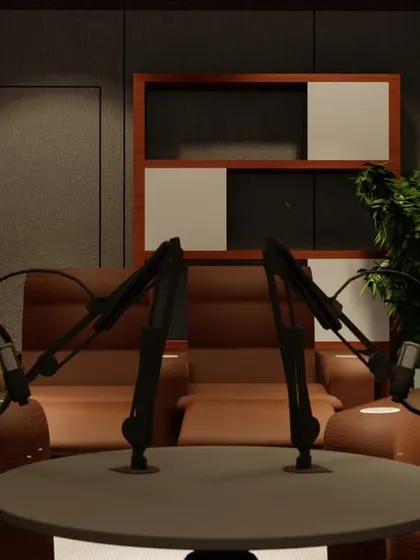 The view from the host's perspective. The comfortable chairs and professional equipment create an ideal environment for recording long-form content.