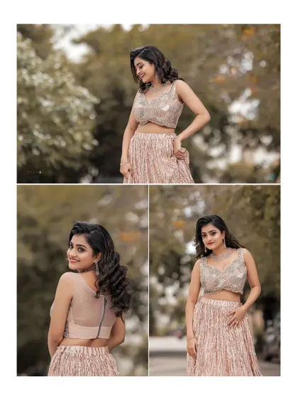 A collage showcasing different angles of the beautiful rose gold sequin lehenga, a perfect choice for a glamorous and modern bride or bridesmaid.