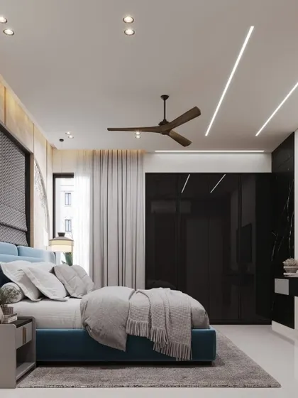 This view of the rendered bedroom shows the TV wall and the large black sliding wardrobe, highlighting the room's ample storage and modern design.