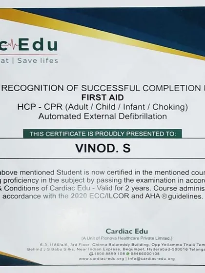 My certificate of successful completion in First Aid, CPR, and Automated External Defibrillation.