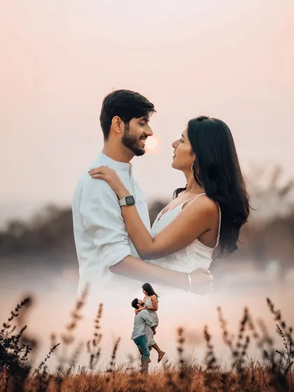 A beautiful double-exposure style pre-wedding portrait, blending an intimate close-up with a wider shot of the couple in a romantic landscape.