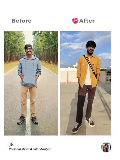 A side-by-side comparison of Manas's style transformation. The 'after' look is more intentional, confident, and reflective of his personal style goals.