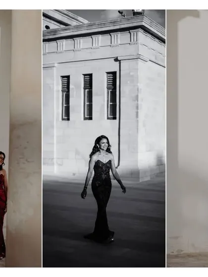 A triptych of the bride in her red gown, playing with color and black and white to create a dramatic, editorial feel against the stone architecture of Malta.