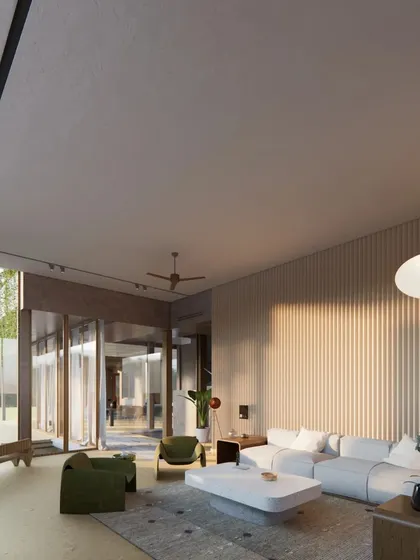 A render of the living area for our Sanctuary Residence project near Nandi Hills. The design uses simple linear masses and pivoting glass doors that open completely to the landscape, blurring the lines between inside and out.