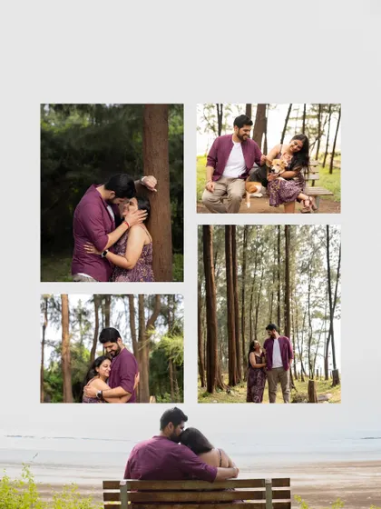 A collage of intimate and playful moments from a pre-wedding shoot in the woods, including a final shot of the couple looking out at the beach.