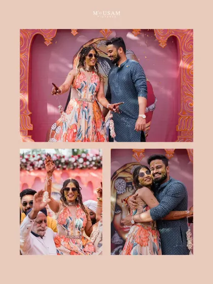 A collage from a vibrant Mehendi or Sangeet, showing the couple dancing, hugging, and celebrating with family. The floral outfits and sunglasses add a fun, festive vibe to the celebration.
