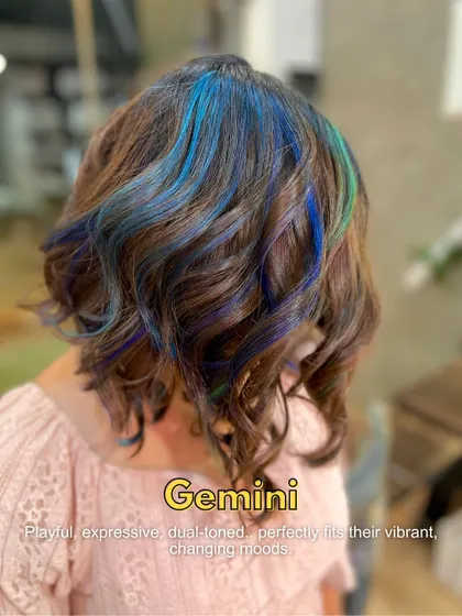 This playful, dual-toned look with pops of blue and green perfectly fits the vibrant and expressive moods of a Gemini.