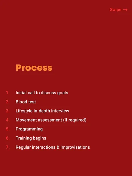 My coaching process is thorough and personalized. It starts with a call to discuss goals, followed by blood tests, a lifestyle interview, and a movement assessment before we even begin training.