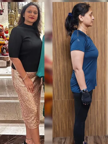 A side profile comparison showcasing an 8kg fat loss and a significant improvement in posture and overall fitness in just three months.