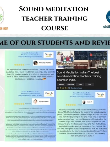 A collage of student reviews for our Teacher Training Course in collaboration with Nirakula Yoga. We are excited to offer this comprehensive program covering both Tibetan and crystal singing bowls.