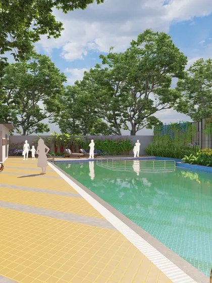 An identical view of the pool concept, showcasing the integration of lush greenery for a resort-like feel.