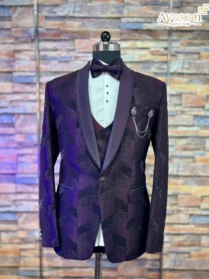 A full view of the wine patterned suit, showing the complete five-piece set ready for a wedding reception or gala.