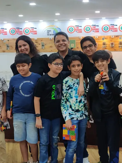 A happy group photo from Hridhaan's birthday celebration. It’s great to see family and friends come together to try a new activity and celebrate a special day at our indoor shooting range.