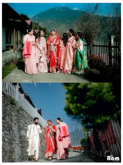 A collage showing the couple with their family and friends during their Himalayan wedding, capturing the joy and support of their loved ones.