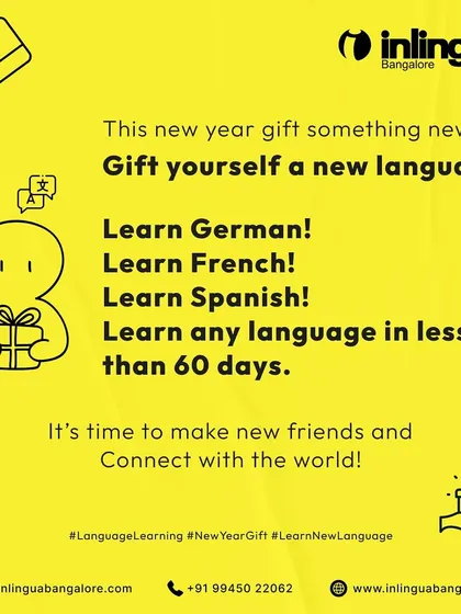 This New Year, gift yourself a new skill. This graphic encourages learners to start their journey with German, French, or Spanish, emphasizing that they can achieve proficiency in less than 60 days.