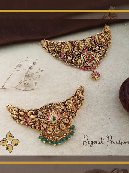 A showcase of our lightweight temple jewellery chokers. These pieces offer the same intricate, traditional motifs in a more accessible format, broadening their appeal to a wider customer base.
