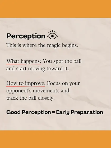 The secret to a perfect shot starts with Perception. We train you to improve this first step by focusing on your opponent's movements and tracking the ball early.