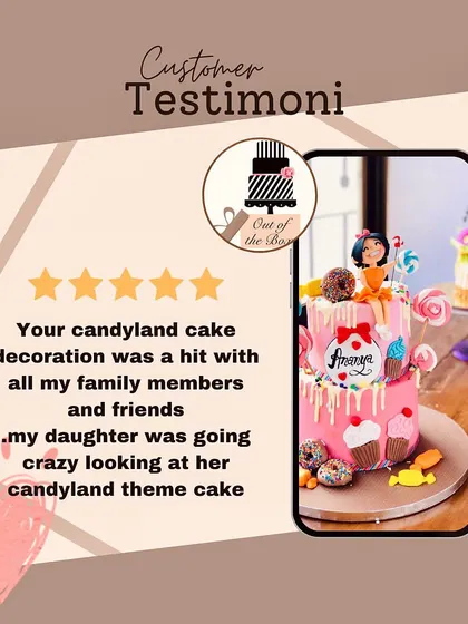 Our Candyland cake appears beside a client's message about the birthday decorations and her daughter's reaction to the design.