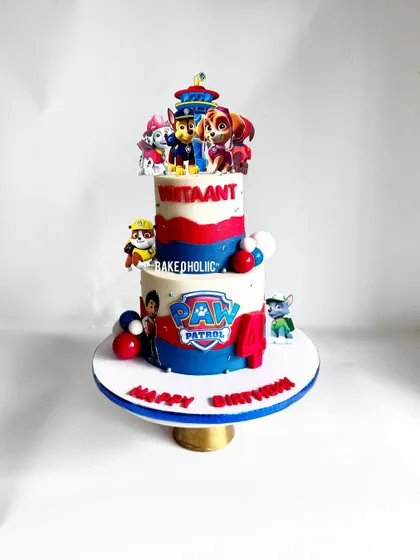 The Paw Patrol team is ready for action on this two-tier cake for a 4th birthday. This is one of my most requested themes, and I love creating a new adventure each time.