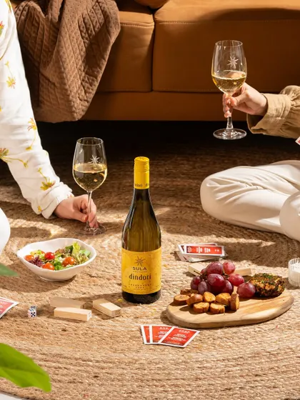 A casual wine and game night scene. This lifestyle photo tells a story of relaxation and friendship, making the product feel accessible and fun.