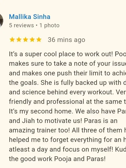 Nothing makes me happier than seeing my clients achieve their goals. This review from Mallika says it all. We are a community, a second home, where you can focus on yourself and get the support you need.