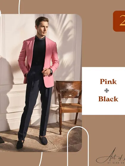 Yes, real men wear pink. When paired with black, it creates a bold yet balanced look. A dusty pink shirt under a black blazer gives off instant suave energy.