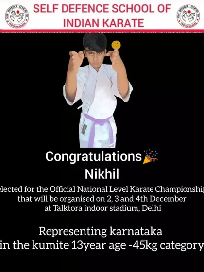An announcement graphic congratulating my student Nikhil for his selection to the Official National Level Karate Championships in Delhi.