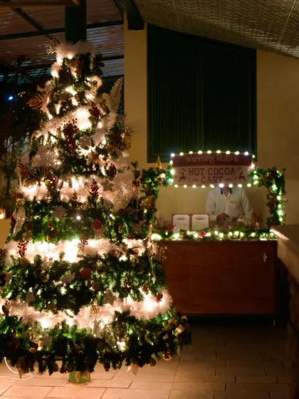 Our beautifully decorated Christmas tree standing next to the iconic Hot Cocoa Cart. This corner of the restaurant was the heart of our festive celebrations.