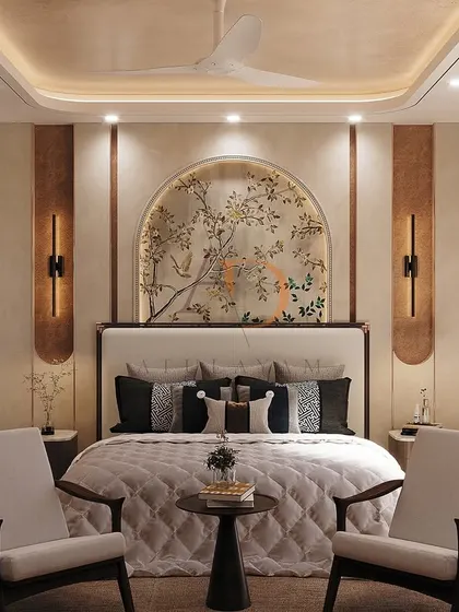 I believe a master bedroom should be a personal sanctuary. Here, a hand-painted arch mural serves as a stunning headboard, complemented by elegant wall sconces and a layered ceiling design to create a truly ambient and restful atmosphere.