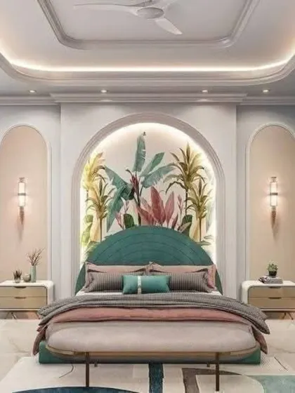 This bedroom features a vibrant tropical mural set within an elegant arch, creating a stunning focal point. The integrated lighting highlights the colors and adds a warm, inviting glow.