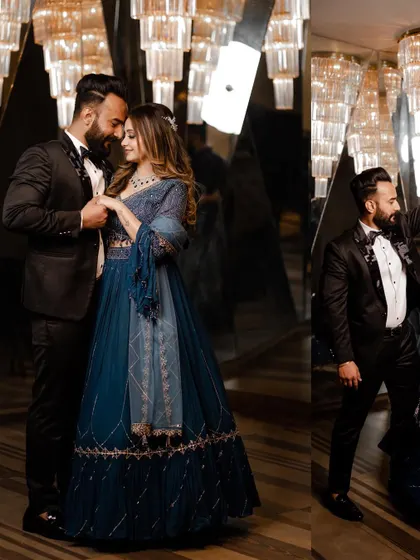 A collage of glamorous moments from the cocktail party. The crystal chandeliers and mirrored walls create a dazzling, celebratory atmosphere.