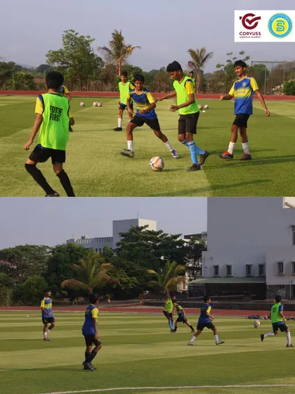 A split image showing players in a training drill on the pitch and engaged in a classroom session. This collage perfectly illustrates the dual-pathway of athletic and academic development at our academy.