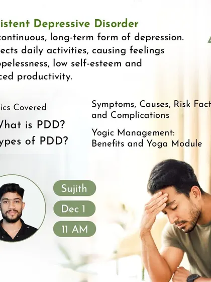 This graphic details the content of our PDD workshop. We cover the symptoms, causes, and yogic management techniques that can help address feelings of hopelessness and low self-esteem.