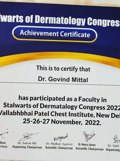 My achievement certificate for participating as a faculty member in the Stalwarts of Dermatology Congress 2022.