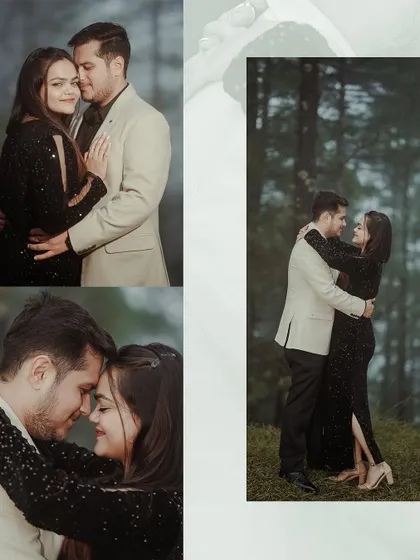 A collage showing a couple's romantic moments during a misty, forest pre-wedding shoot. The mood is intimate and slightly mysterious, perfect for a cinematic feel.