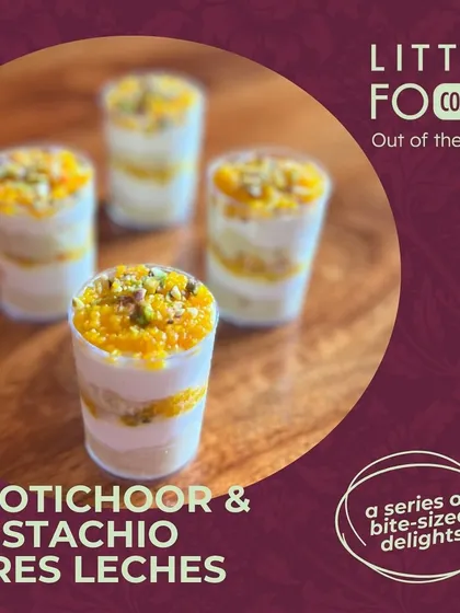 A sweet, fusion dessert, my Motichoor & Pistachio Tres Leches. These dessert shots layer the classic Indian sweet with creamy tres leches cake, creating a unique and indulgent bite sized treat.