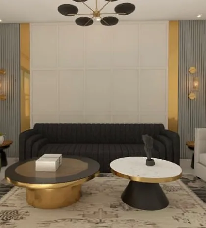 A living room wall design idea that combines different textures and materials. Here, we've used fluted panels and metallic gold strips to create a luxurious and modern backdrop for the seating area.