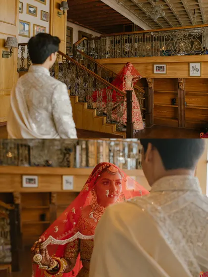 The first look, captured in a two-part story. The groom waits, and the bride descends the stairs, a moment of anticipation and love.