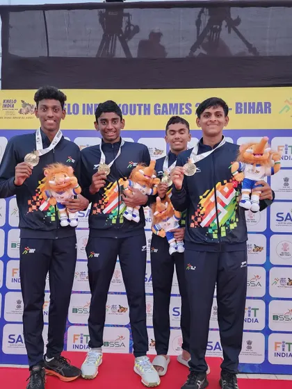 The boys' relay team on the podium at the Khelo India Youth Games.